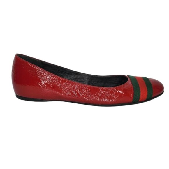 Gucci Web Stripe Red Patent Leather Ballet Flats - Picture 1 of 10